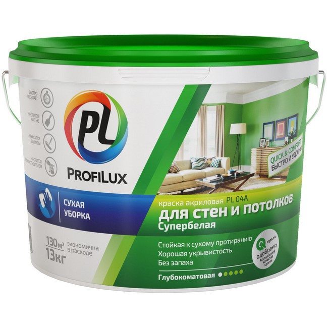 Краска акриловая Profilux PL- 04А для стен и потолков глубокоматовая белая 7 кг