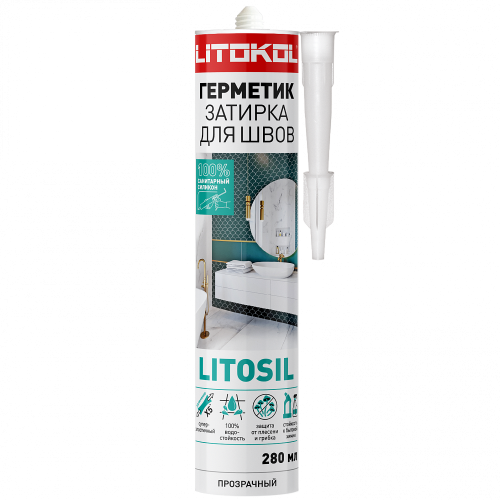 Литокол LITOKOL LITOSIL Герметик-затирка высокоэластичный санитарный силиконовый для влажных помещений Прозрачный 280 мл